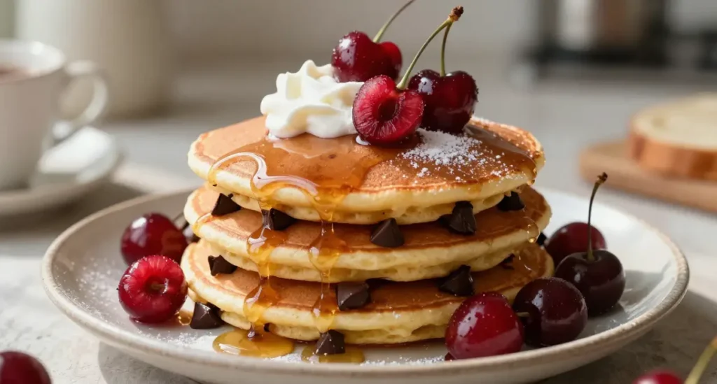 Fluffy Vegan Chocolate Chip Pancakes with Fresh Cherries