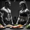 Two muscular athletes standing in a gym, facing each other with intense expressions, surrounded by high-protein foods and supplements like creatine and whey protein—an inspiring visual representation of a nutrition-focused Guide for Muscle Growth.