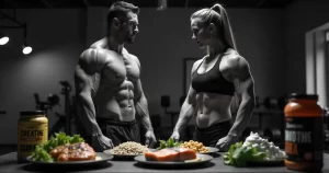 Two muscular athletes standing in a gym, facing each other with intense expressions, surrounded by high-protein foods and supplements like creatine and whey protein—an inspiring visual representation of a nutrition-focused Guide for Muscle Growth.