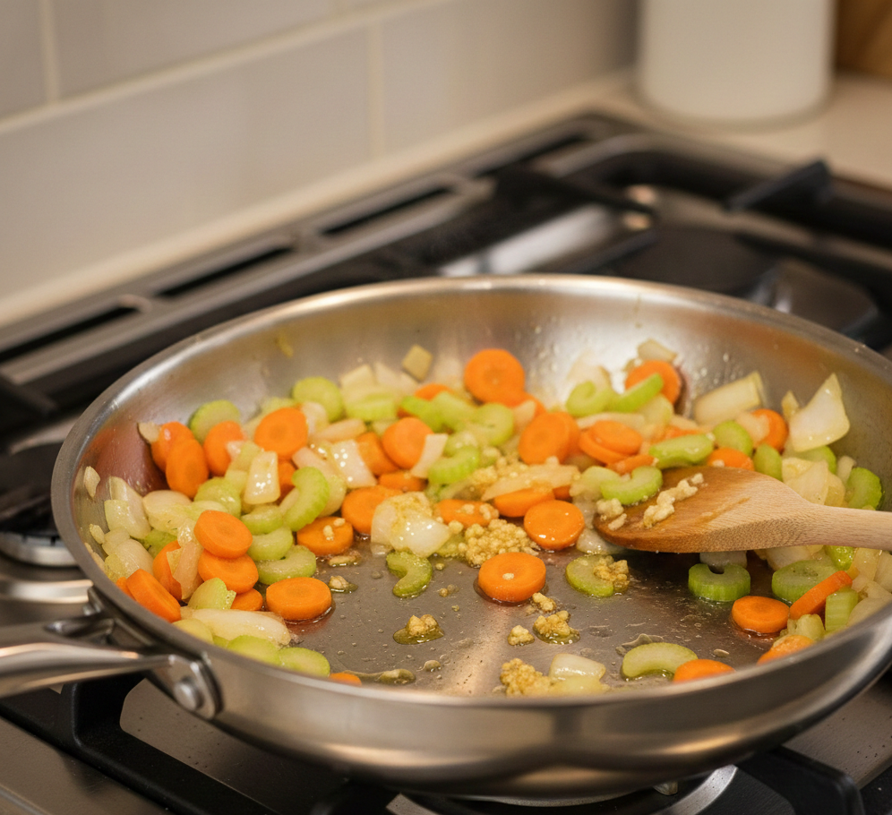 Sauté Aromatics for Vegetable Orzo Soup