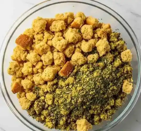 combine the rumbled cornbread and herb-seasoned on sauté vege 