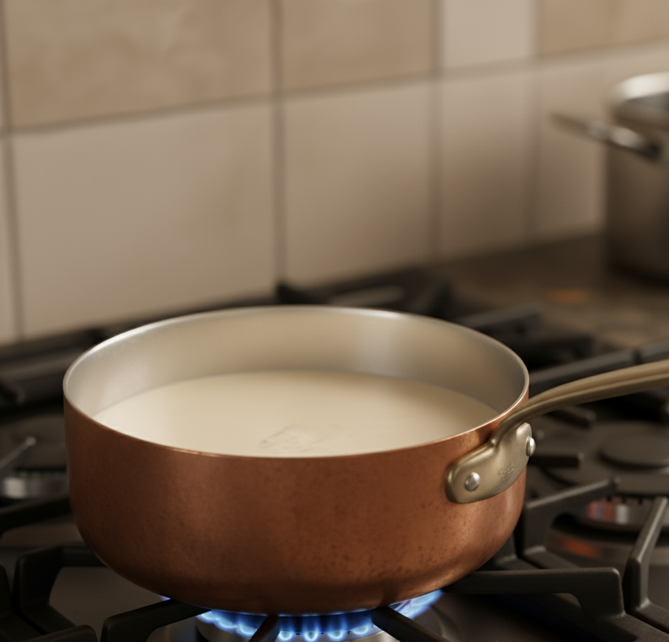Boiling milk for Warm Chia Pudding with Cinnamon Apples