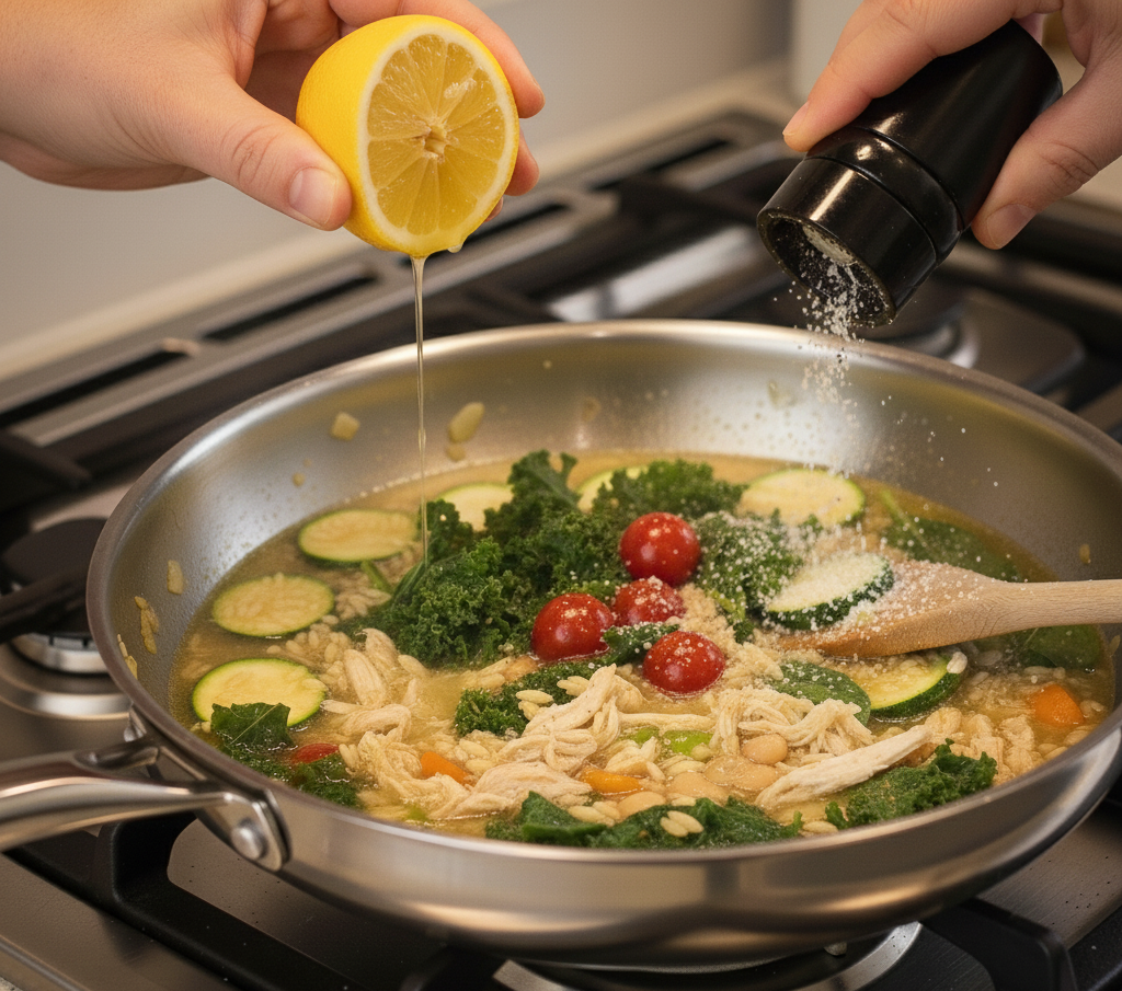 Adding shredded chicken in Vegetable Orzo Soup