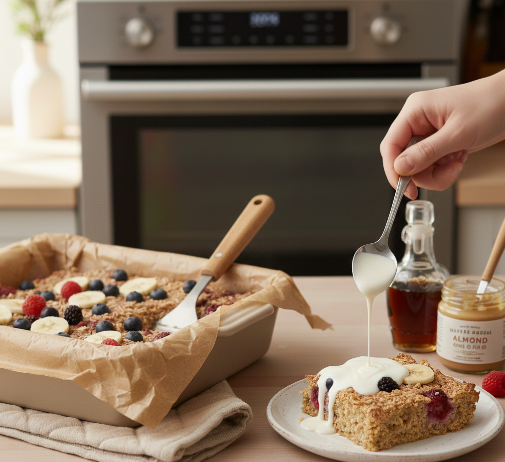 Vegan Baked Oatmeal with a dizzle of plant
