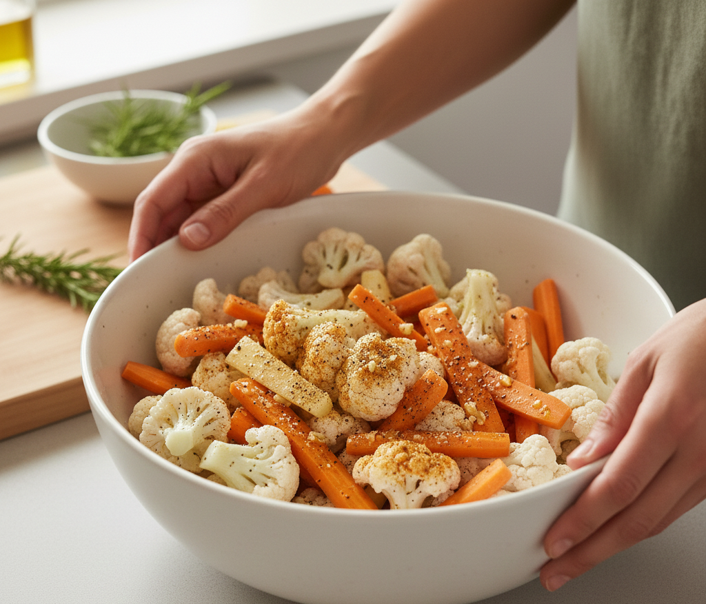Seasoning and Tossing for Roasted Cauliflower and Carrots recipe