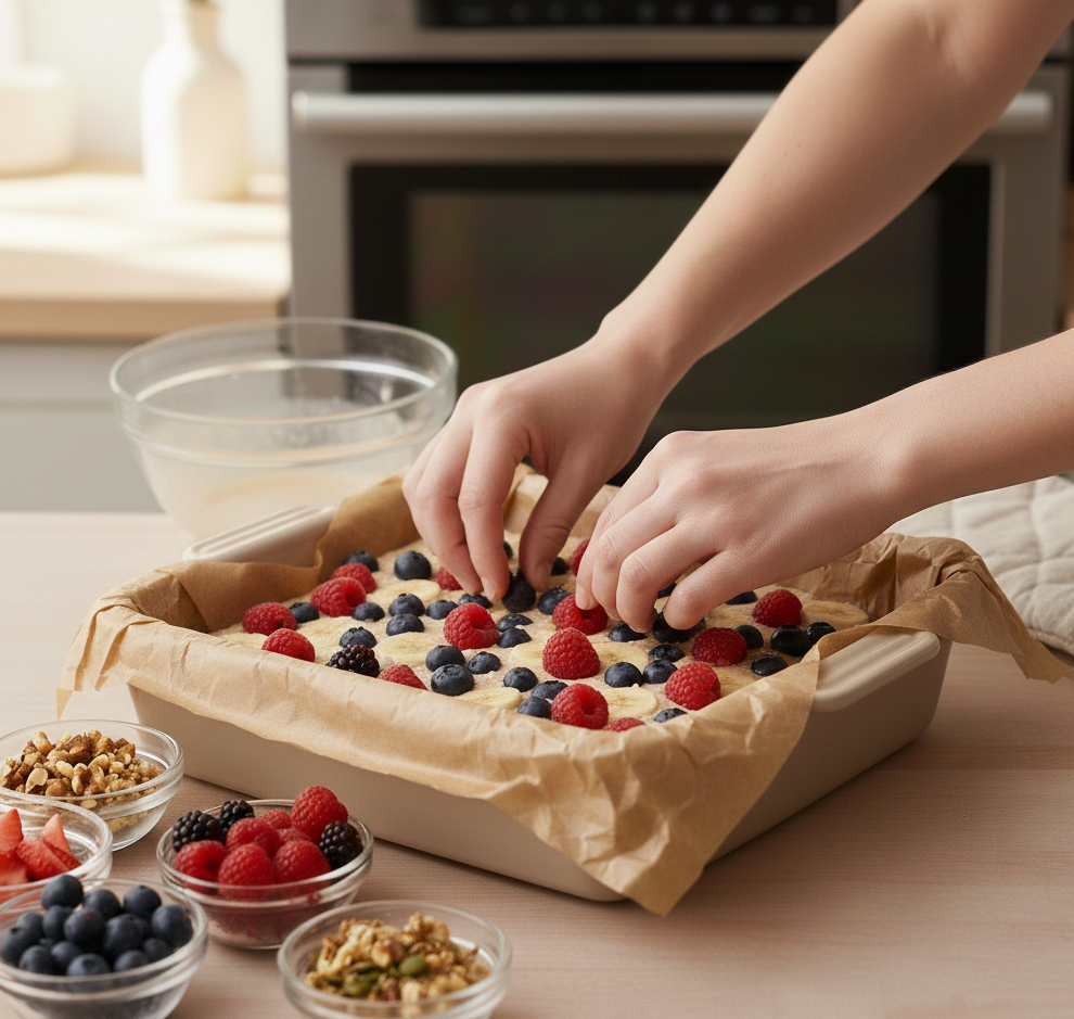 Vegan Baked Oatmeal with toppins of extra berries 